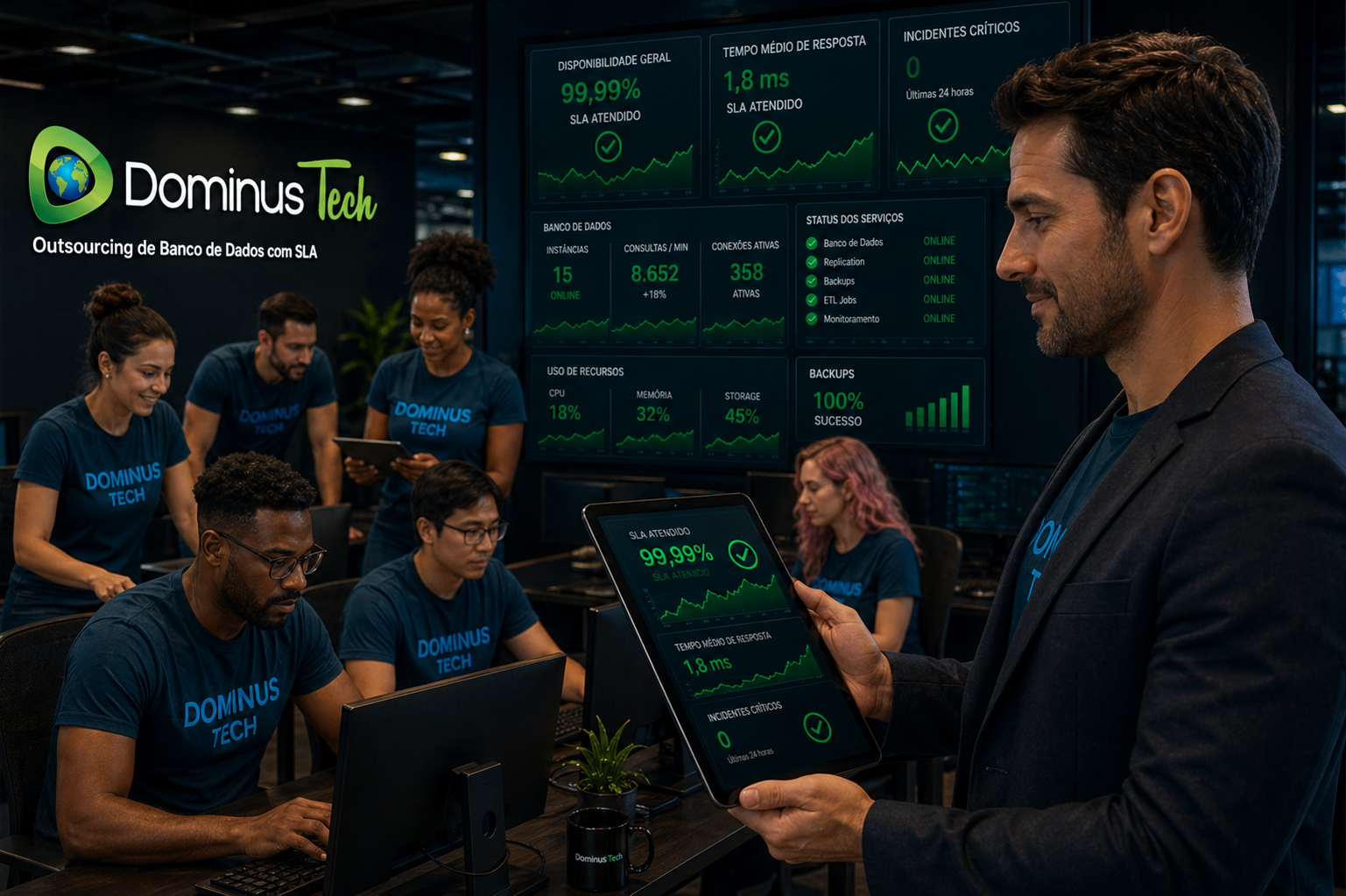 Executivo analisando indicadores positivos de SLA em tablet enquanto equipe diversa da Dominus Tech opera dashboards de banco de dados ao fundo em ambiente tecnológico. Outsourcing de banco de dados com HA.