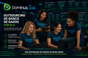 Equipe feminina da Dominus Tech trabalhando em ambiente de datacenter moderno, analisando dashboards com indicadores positivos de desempenho, disponibilidade e SLA, utilizando camisetas azul petróleo com logo da empresa.