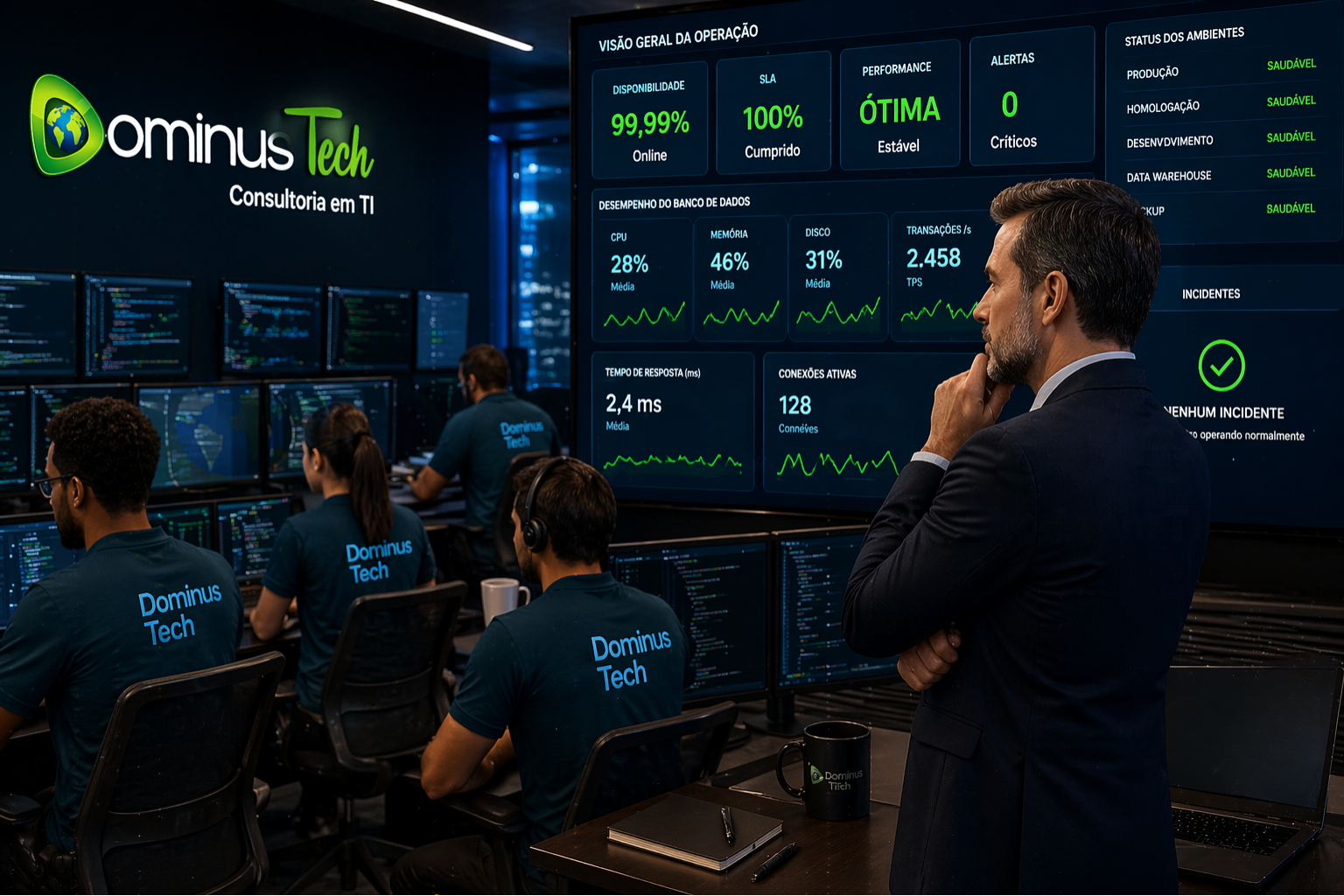Executivo observando dashboard com indicadores positivos enquanto equipe da Dominus Tech monitora múltiplos ambientes de banco de dados garantindo operação estável e alta disponibilidade.