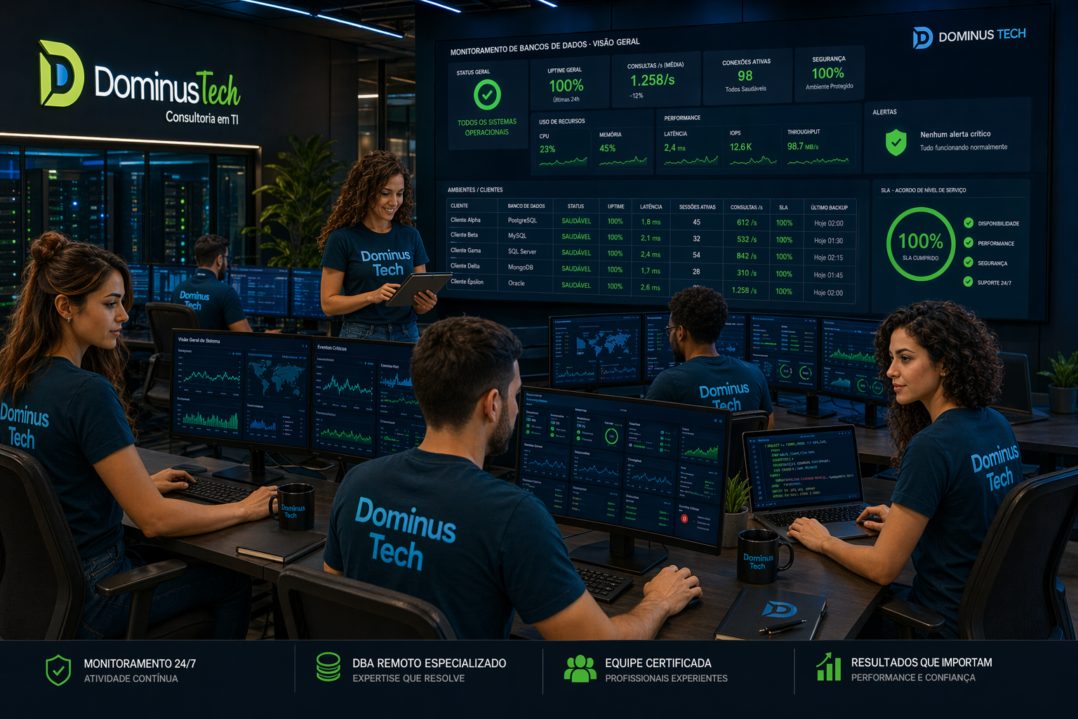 Equipe da Dominus Tech em um centro de operações moderno monitorando bancos de dados em tempo real, todos com camisetas azul petróleo com “Dominus Tech” em azul claro, acompanhando dashboards com indicadores de SLA, performance e disponibilidade.