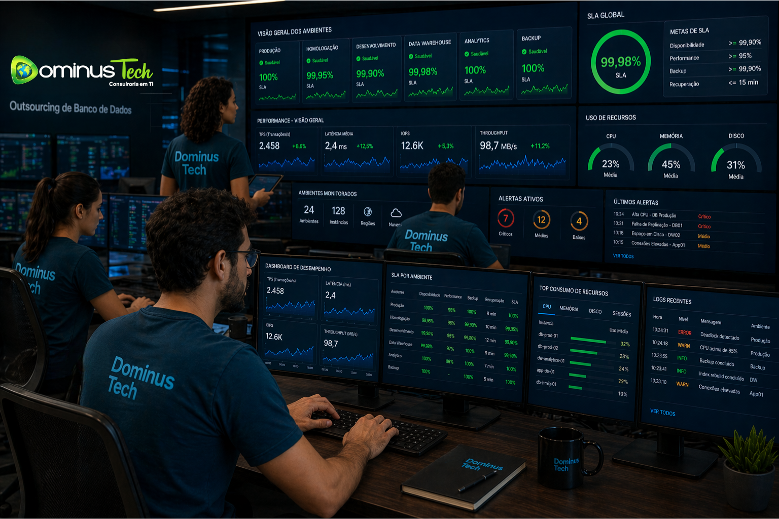 Equipe da Dominus Tech monitorando múltiplos ambientes de banco de dados simultaneamente, com dashboards exibindo indicadores de SLA, performance e alertas em tempo real.