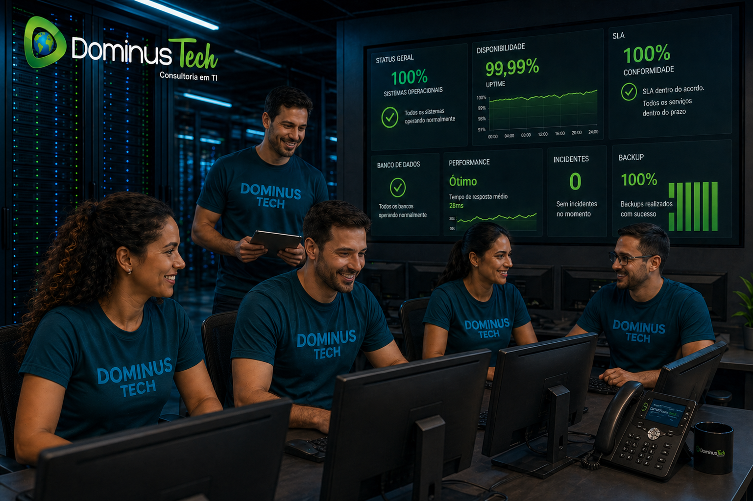 Equipe da Dominus Tech em datacenter moderno analisando dashboards com indicadores verdes e desempenho estável, utilizando camisetas azul petróleo com logo da empresa, garantindo SLA em outsourcing de banco de dados.