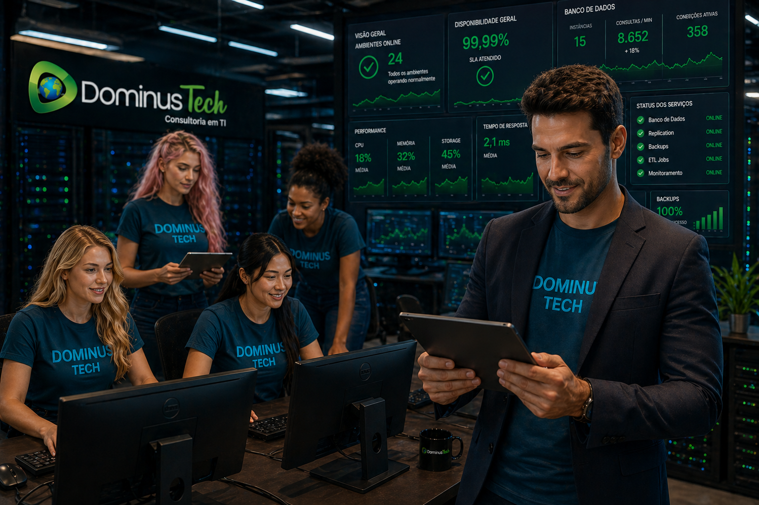 Executivo da Dominus Tech analisando dashboard estável em tablet dentro de um datacenter moderno, com equipe ao fundo monitorando múltiplos ambientes em telas com indicadores positivos, todos vestindo camisetas azul petróleo com “Dominus Tech” em azul claro centralizado.