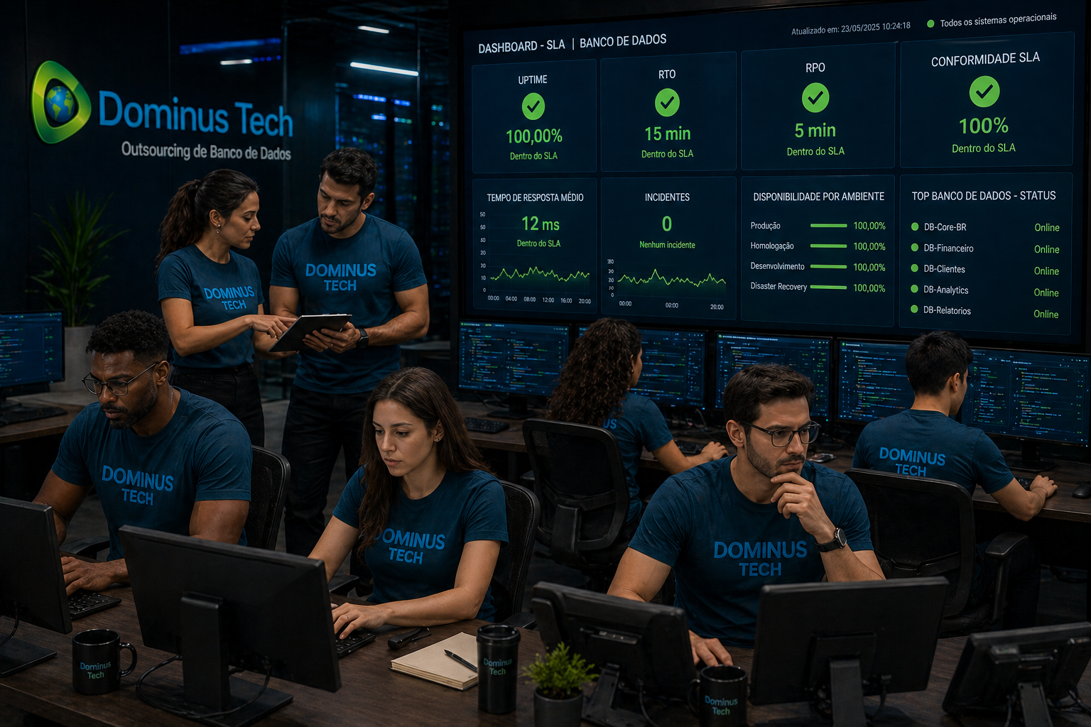 Equipe diversa da Dominus Tech analisando dashboards de SLA em tempo real com indicadores de uptime, RTO e RPO dentro dos limites ideais em um centro de operações de TI moderno. Outsourcing de banco de dados com HA.