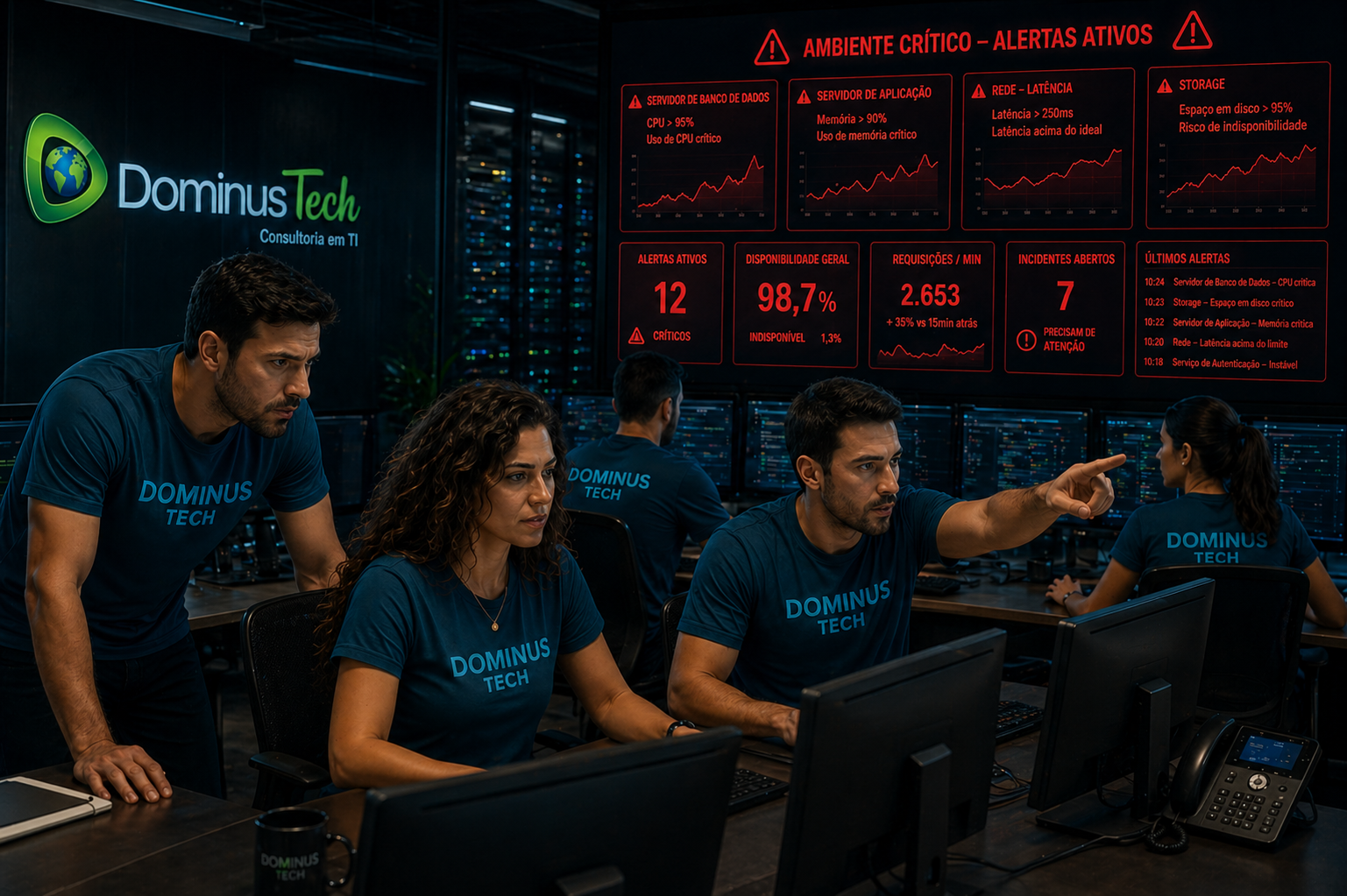 Equipe técnica da Dominus Tech em datacenter monitorando sistemas com alertas ativos em painéis digitais,