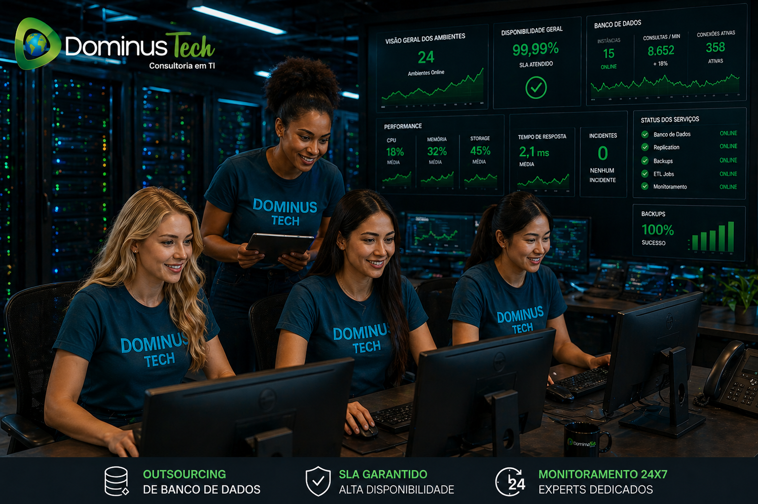 Equipe da Dominus Tech monitorando múltiplos ambientes de TI em datacenter moderno, analisando dashboards simultâneos com indicadores positivos (todos em verde), vestindo camisetas azul petróleo com “Dominus Tech” em azul claro centralizado.