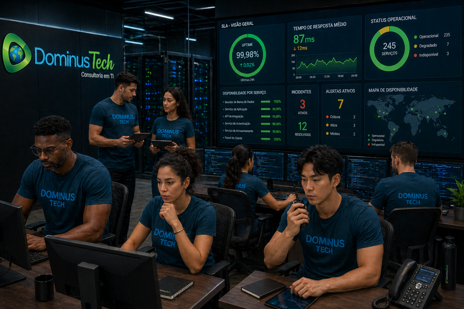 Equipe da Dominus Tech monitorando ambientes de banco de dados com dashboards de SLA em tempo real, exibindo indicadores de uptime, performance e status operacional em um centro de operações de TI moderno. Outsourcing de banco de dados com HA