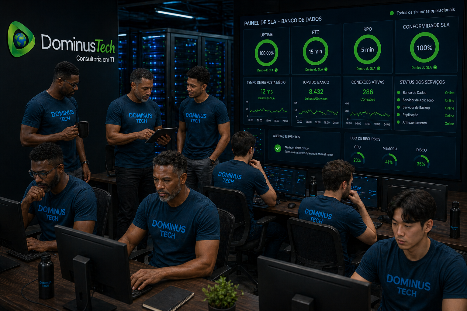 Equipe da Dominus Tech monitorando sistema operacional para banco de dados com dashboards de SLA exibindo uptime, RTO, RPO e métricas de performance em tempo real