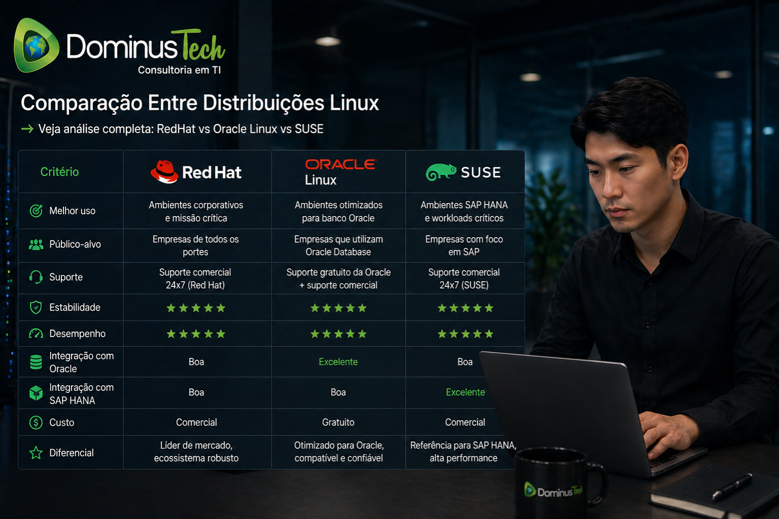 Comparação de sistema operacional para banco de dados exibindo Red Hat, Oracle Linux e SUSE com análise de performance e uso em ambientes corporativos📌 Legenda: