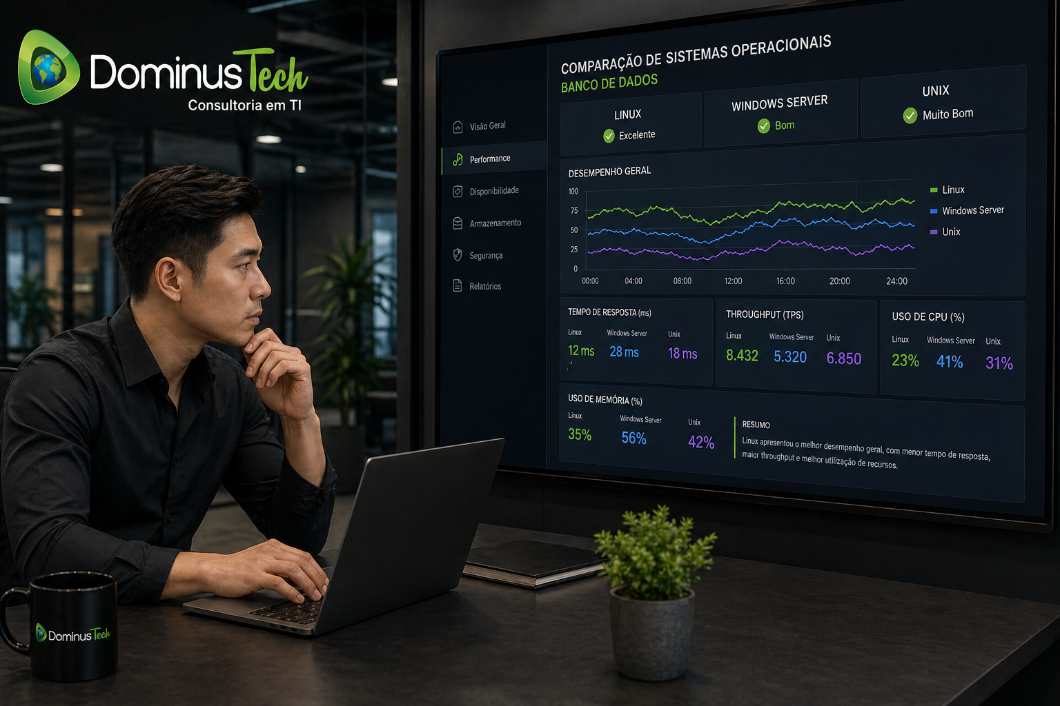 Profissional da Dominus Tech analisando sistema operacional para banco de dados com dashboard de comparação de performance entre ambientes