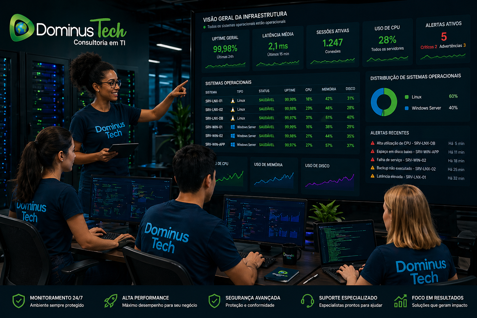 Equipe da Dominus Tech monitorando sistemas operacionais em datacenter moderno com dashboards em tempo real e indicadores de desempenho em verde