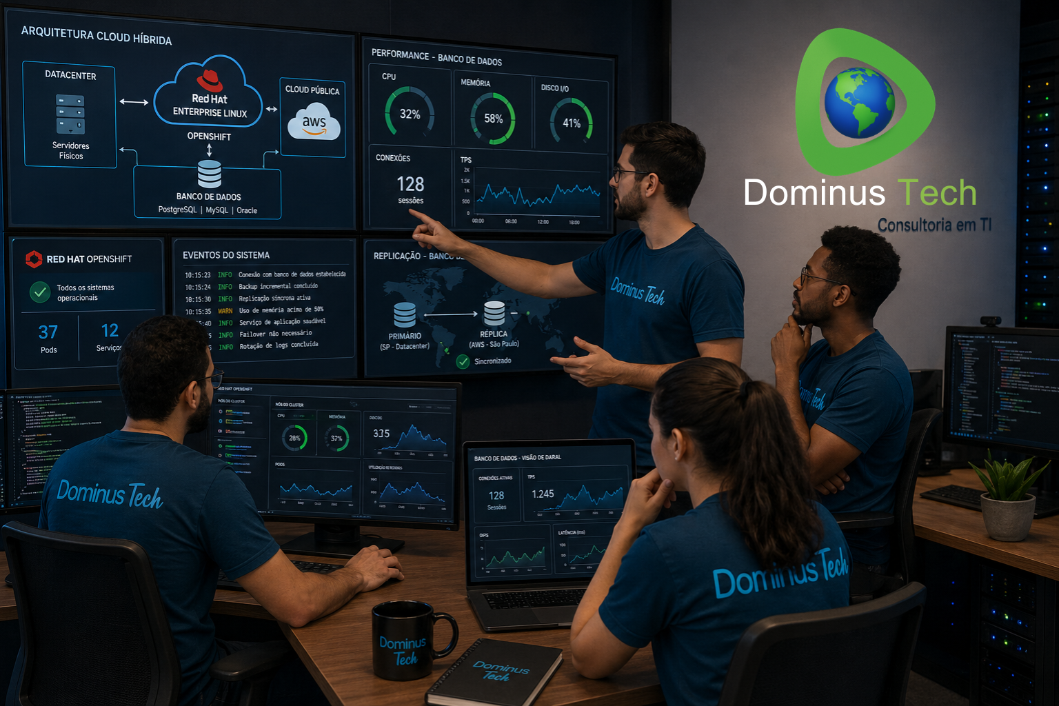 Equipe da Dominus Tech analisando ambiente corporativo com cloud híbrido e banco de dados, utilizando tecnologias SUSE, com painéis exibindo métricas e desempenho em tempo real.