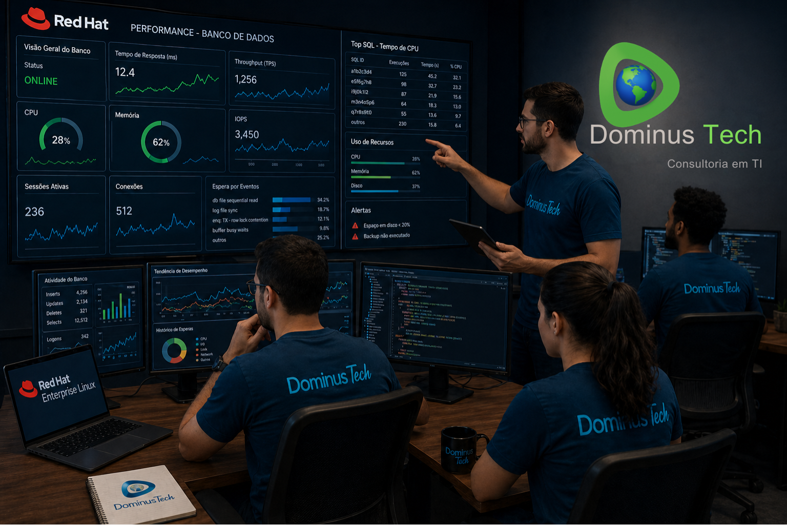Equipe da Dominus Tech analisando dashboards de performance e tuning de banco de dados em ambiente corporativo com Red Hat e soluções SUSE.
