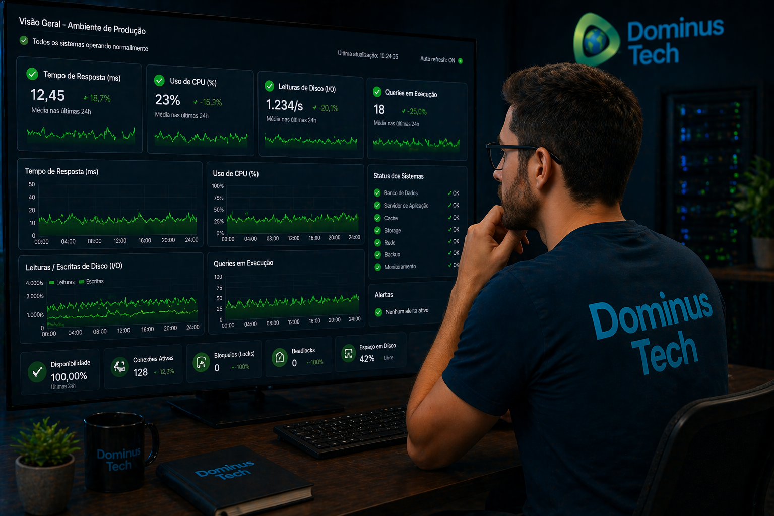 Profissional da Dominus Tech analisando dashboard com indicadores em verde, representando ambiente estável após tuning de banco de dados.