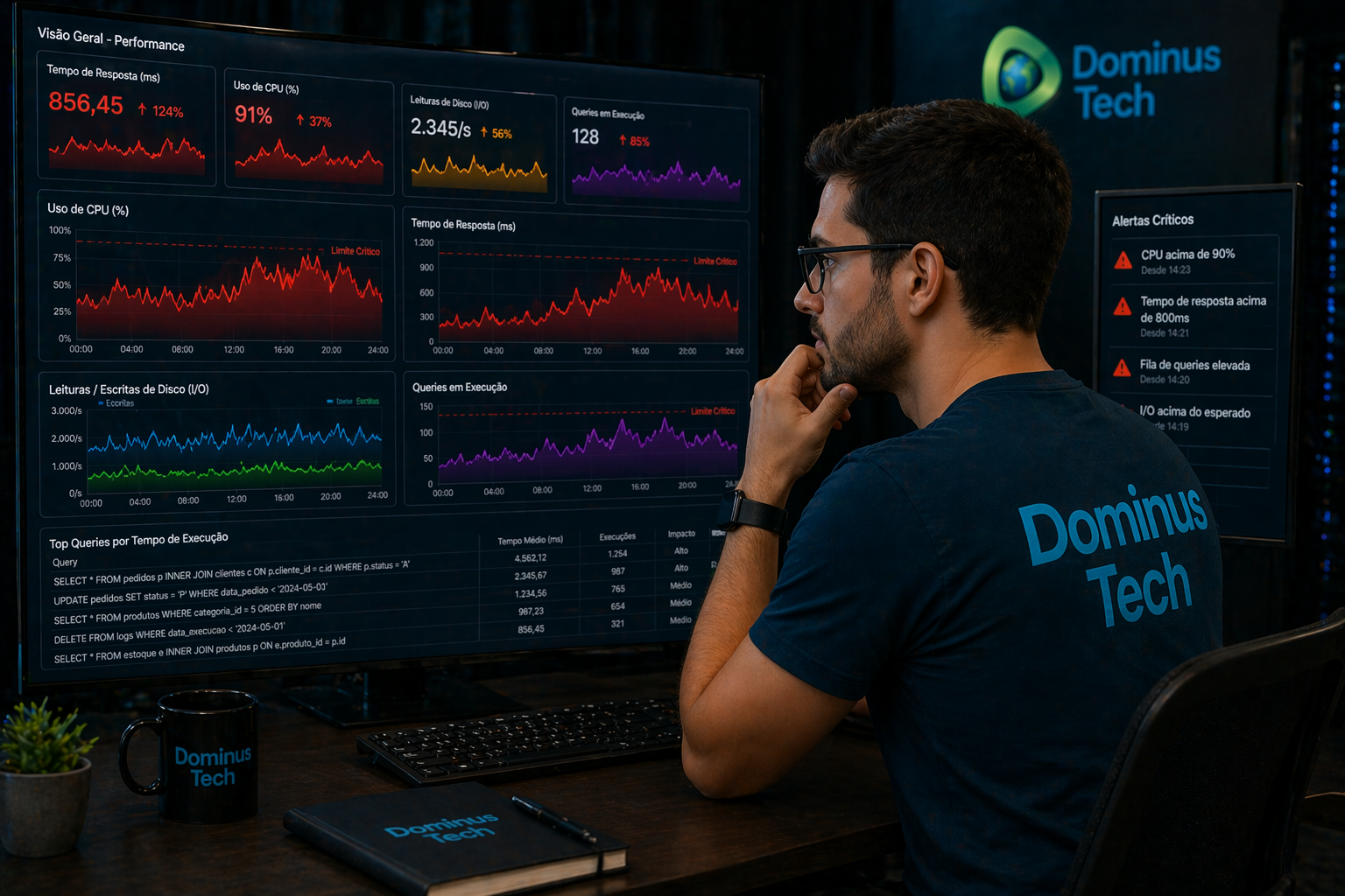 Profissional da Dominus Tech analisando dashboards com picos de CPU, alto tempo de resposta e filas de execução de queries em cenário de tuning de banco de dados.