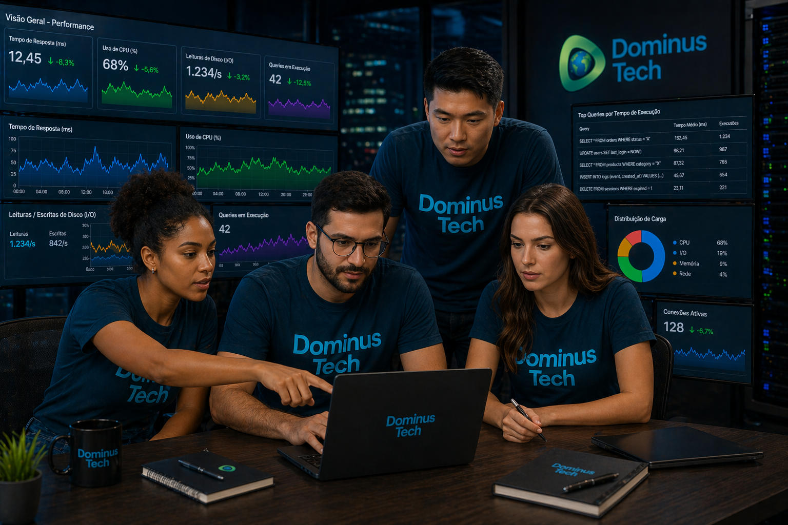 Equipe da Dominus Tech analisando dashboards de performance com foco em tuning de banco de dados, monitorando CPU, tempo de resposta, I/O e queries em execução.