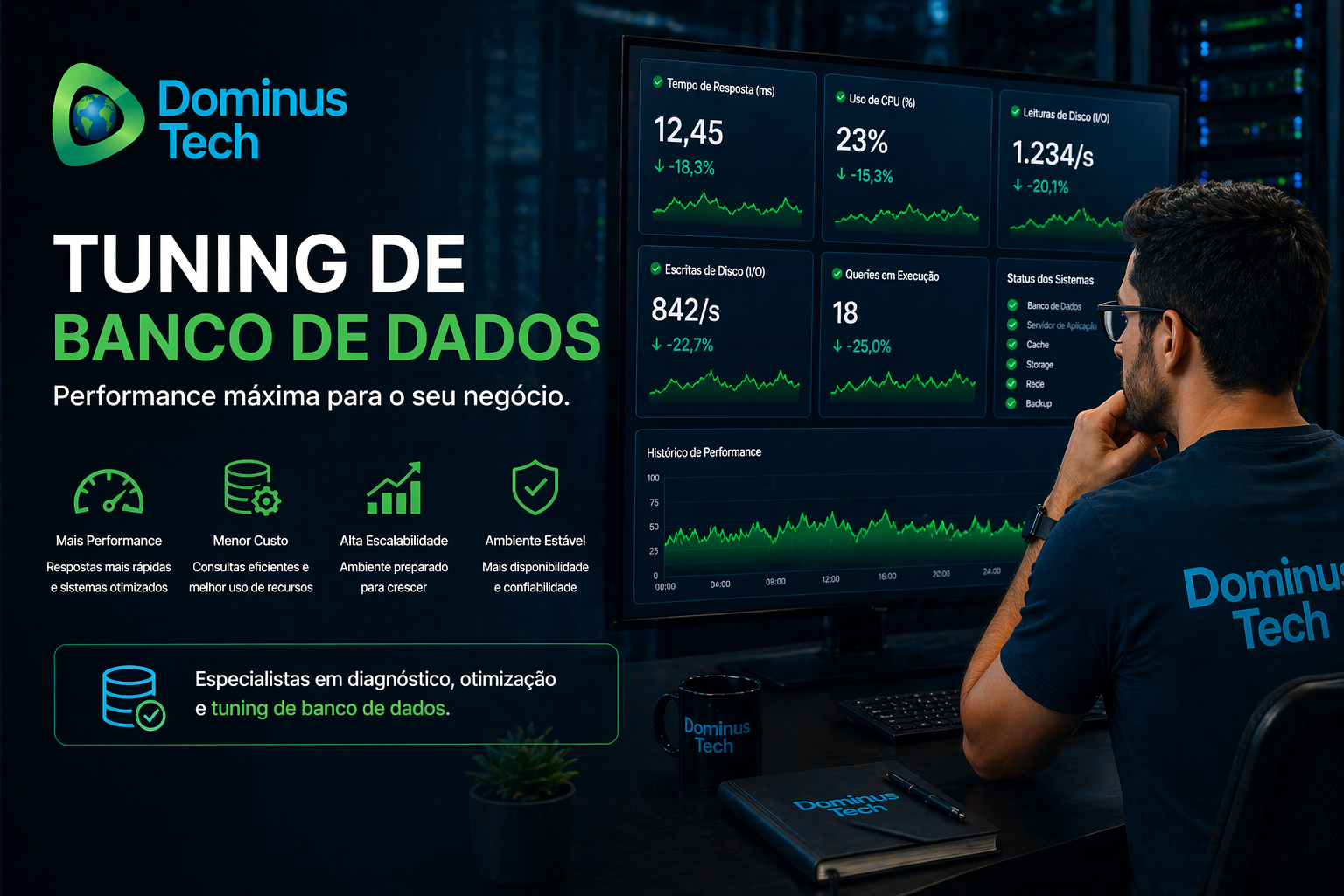 Banner da Dominus Tech destacando tuning de banco de dados com dashboards de performance em tempo real e ambiente otimizado.