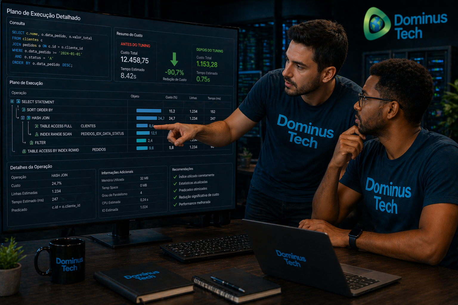 Especialistas da Dominus Tech analisando plano de execução detalhado com foco em tuning de banco de dados e melhoria de performance.