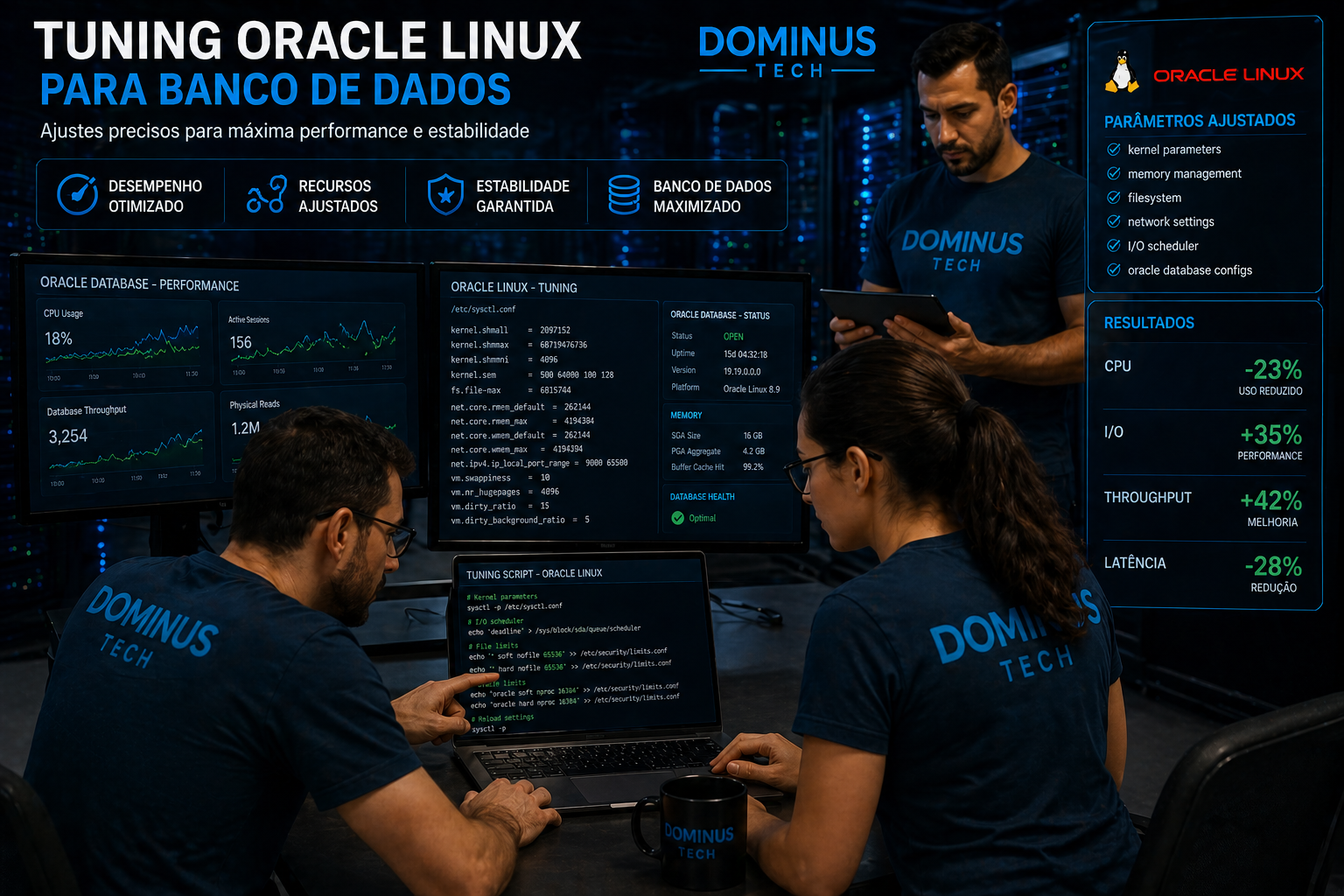Especialistas da Dominus Tech ajustando parâmetros de performance em Oracle Linux para banco de dados em ambiente de data center.