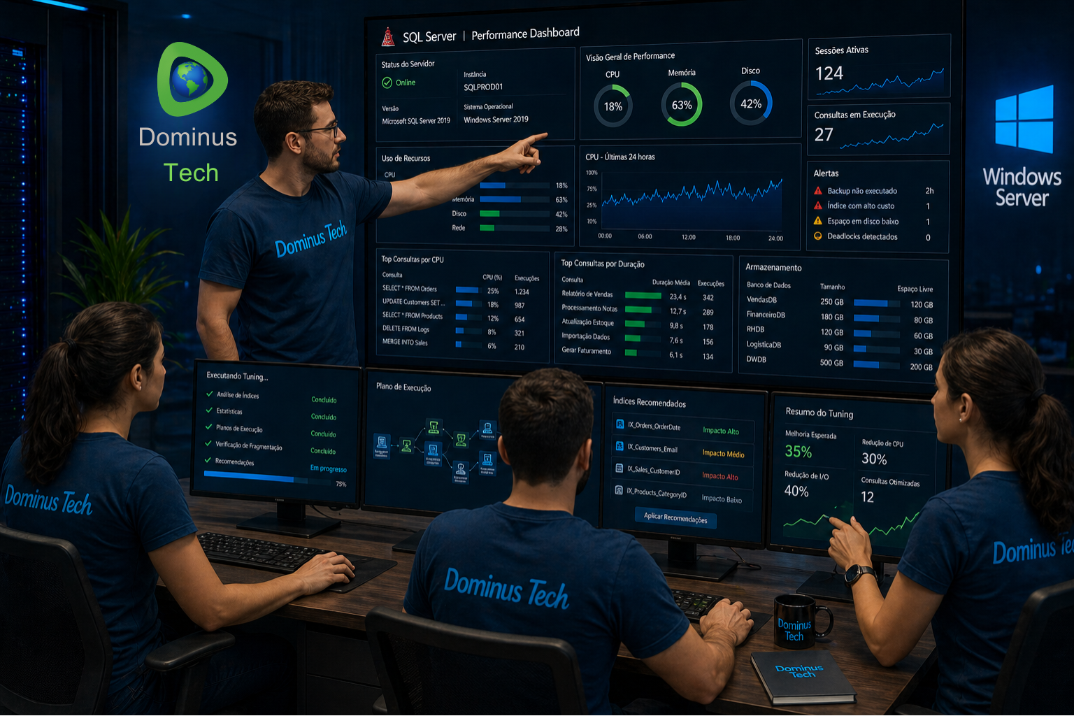 Equipe Dominus Tech realizando tuning de banco de dados SQL Server em ambiente Windows Server com dashboards de performance.