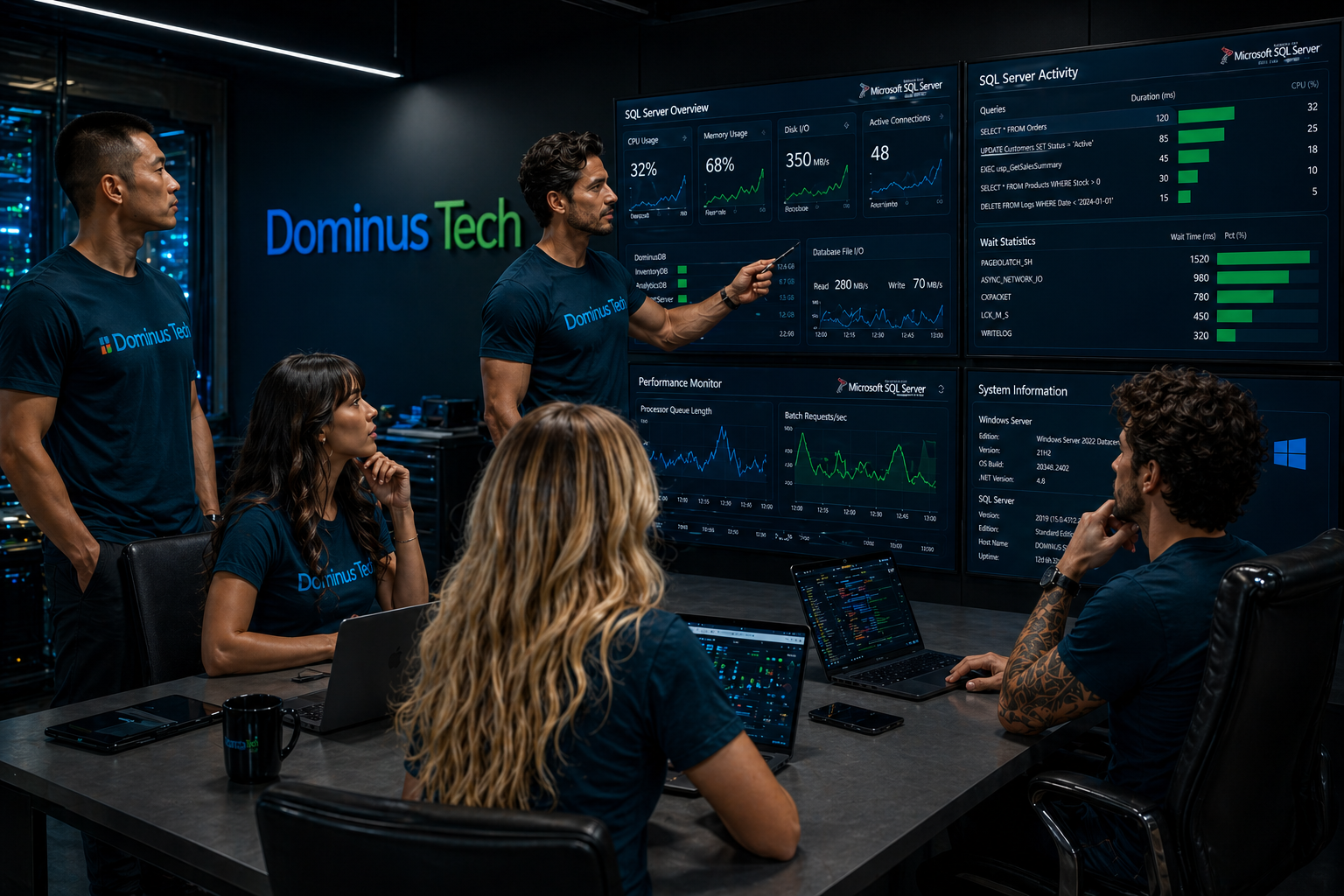 Equipe Dominus Tech analisando dashboards de performance em ambiente Windows Server para banco de dados com gráficos de CPU, memória e queries