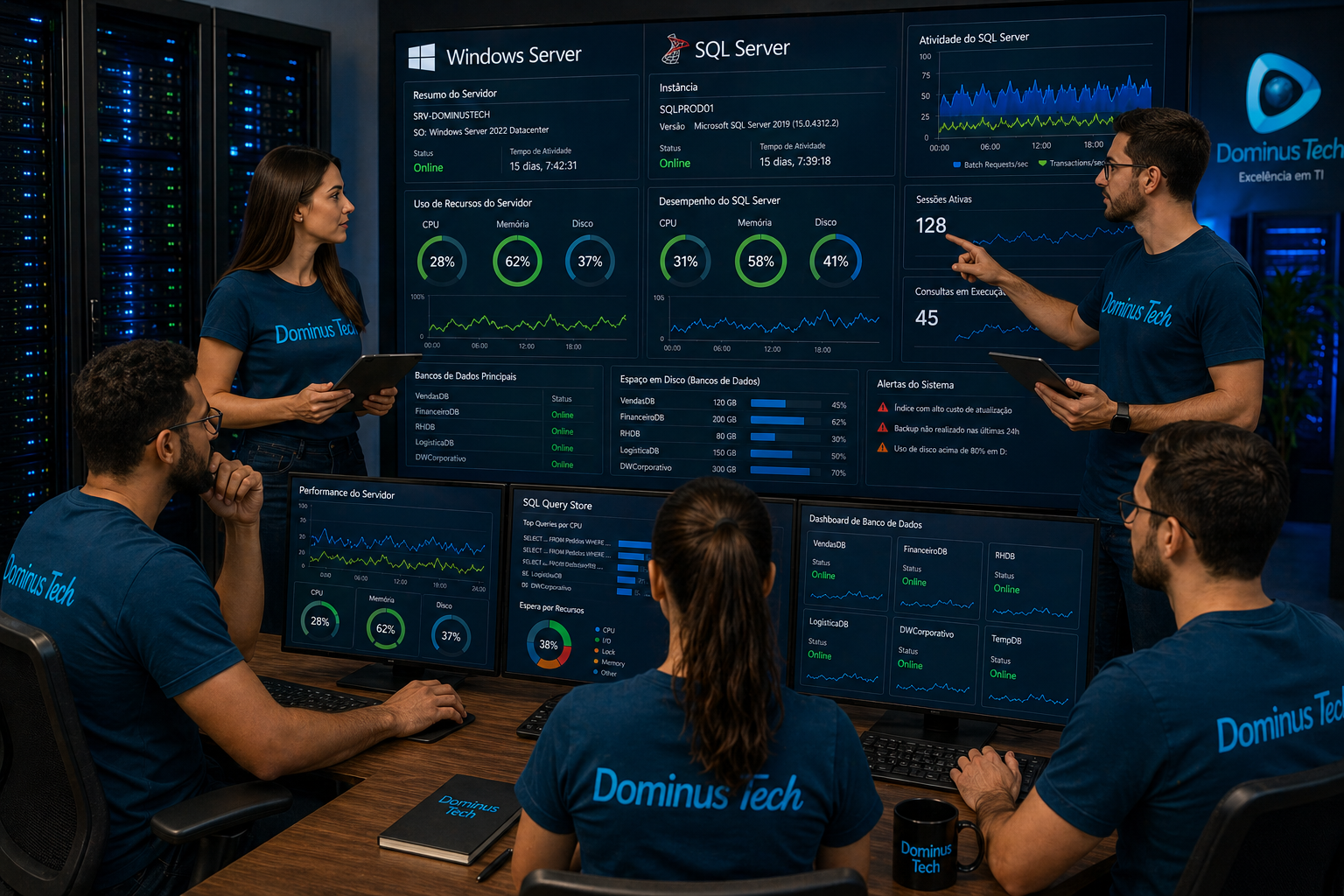 Equipe Dominus Tech analisando dashboards de SQL Server em ambiente Windows Server para banco de dados.