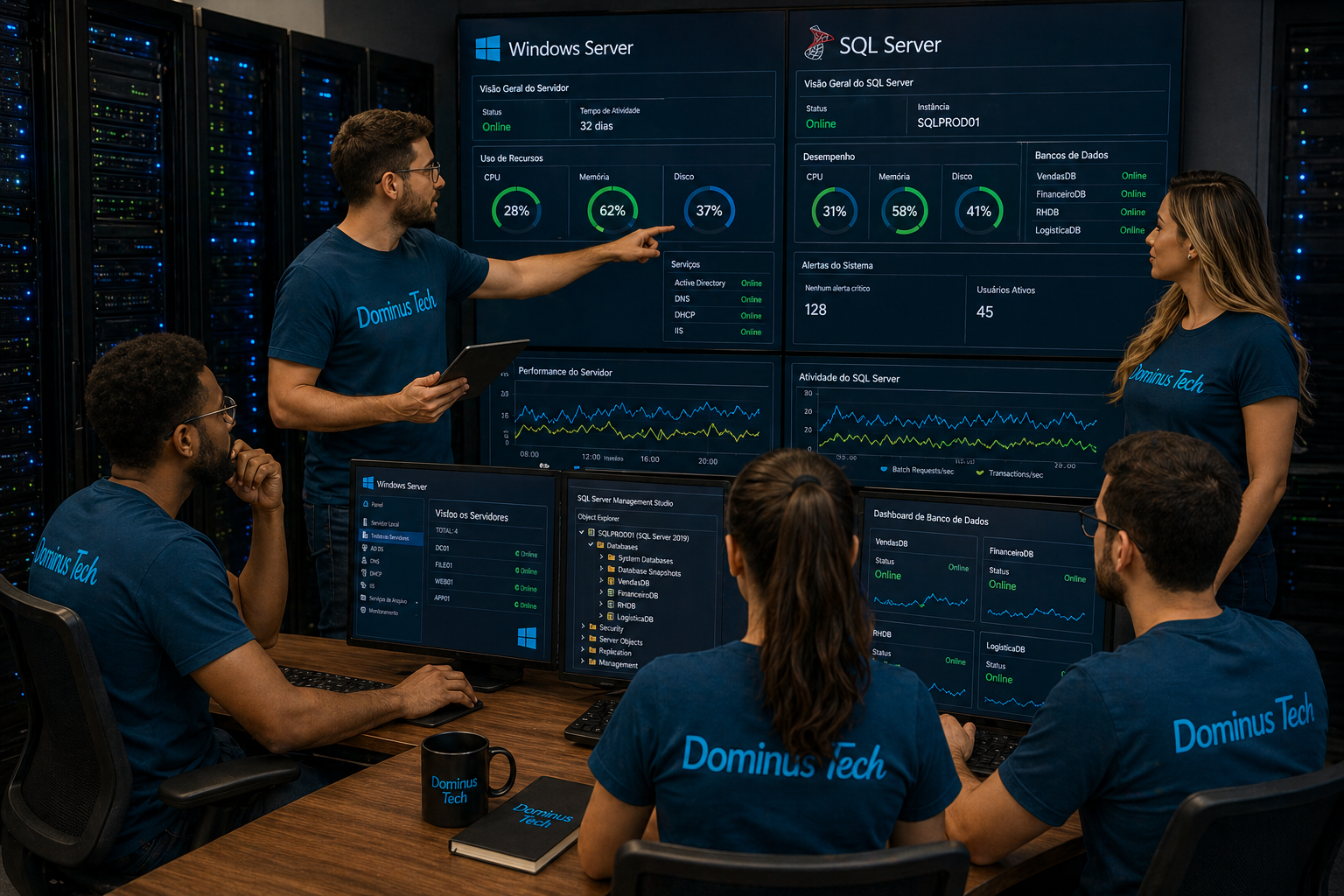 Equipe Dominus Tech operando ambiente Windows Server com SQL Server e dashboards de banco de dados em tempo real.