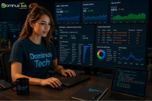 Profissional da Dominus Tech analisando relatório ASH Oracle com destaque para wait events e sessões bloqueadas em ambiente corporativo de TI. dba oracle especialista