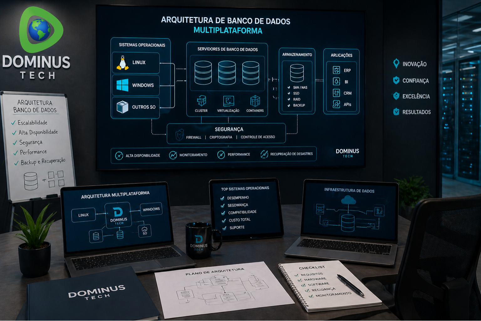 Arquitetura de banco de dados Dominus Tech exibindo integração entre múltiplos sistemas operacionais em ambiente corporativo de infraestrutura TI.
