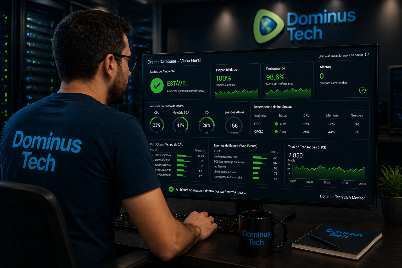 Profissional da Dominus Tech observando dashboard Oracle com ambiente estável, indicadores verdes e desempenho otimizado em ambiente corporativo. DBA Oracle especialista.