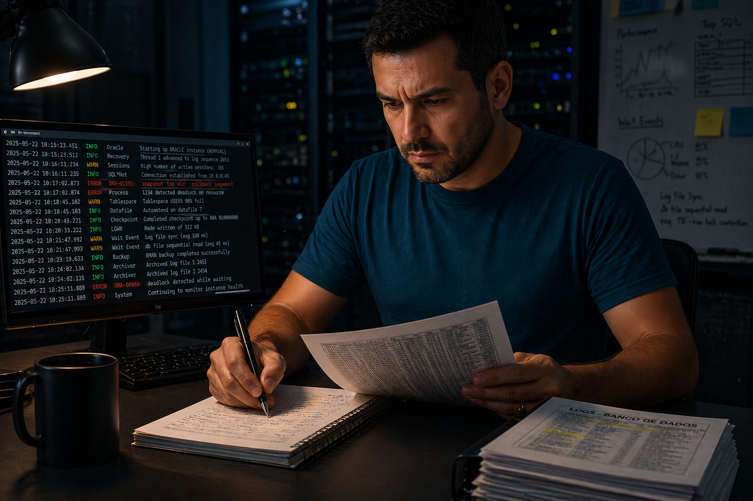 Profissional de TI analisando logs de banco de dados manualmente em ambiente de baixa visibilidade, representando o desafio do DBA sem ferramentas adequadas – Dominus Tech