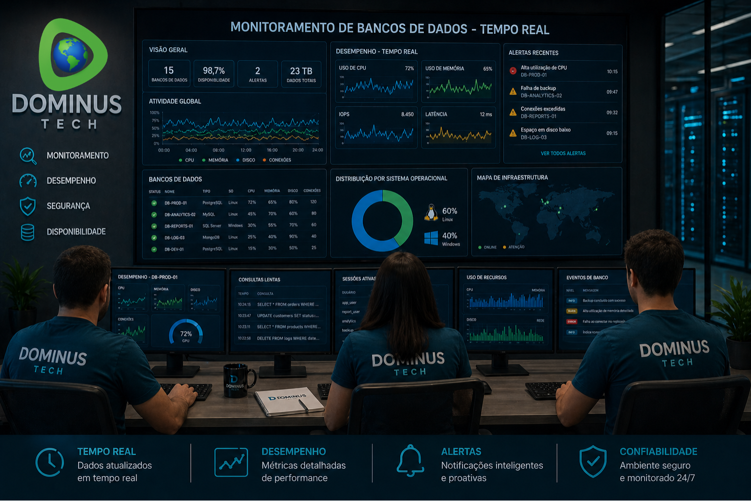 Equipe Dominus Tech realizando monitoramento em tempo real de múltiplos bancos de dados corporativos através de dashboards técnicos e painéis de desempenho.