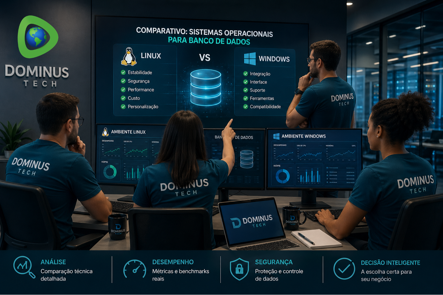 Equipe Dominus Tech comparando Linux e Windows em ambientes corporativos de banco de dados com análise técnica em telas profissionais.