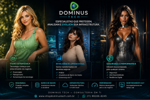 Profissionais da Dominus Tech analisando painéis corporativos com métricas e monitoramento de bancos de dados em múltiplos sistemas operacionais em ambiente tecnológico moderno.