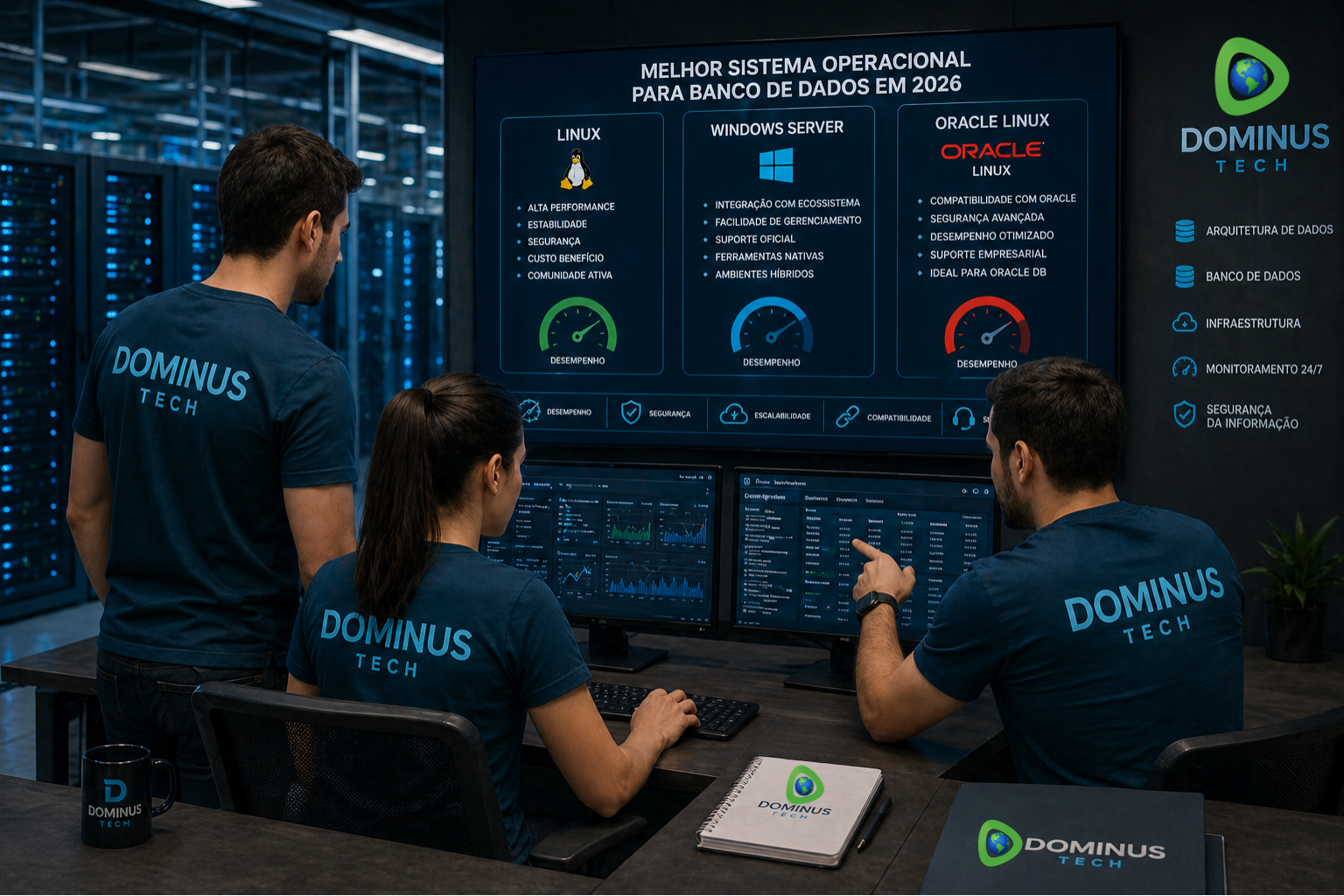 Equipe Dominus Tech analisando infraestrutura de banco de dados em datacenter moderno com dashboards técnicos exibindo comparação entre sistemas operacionais para banco de dados.
