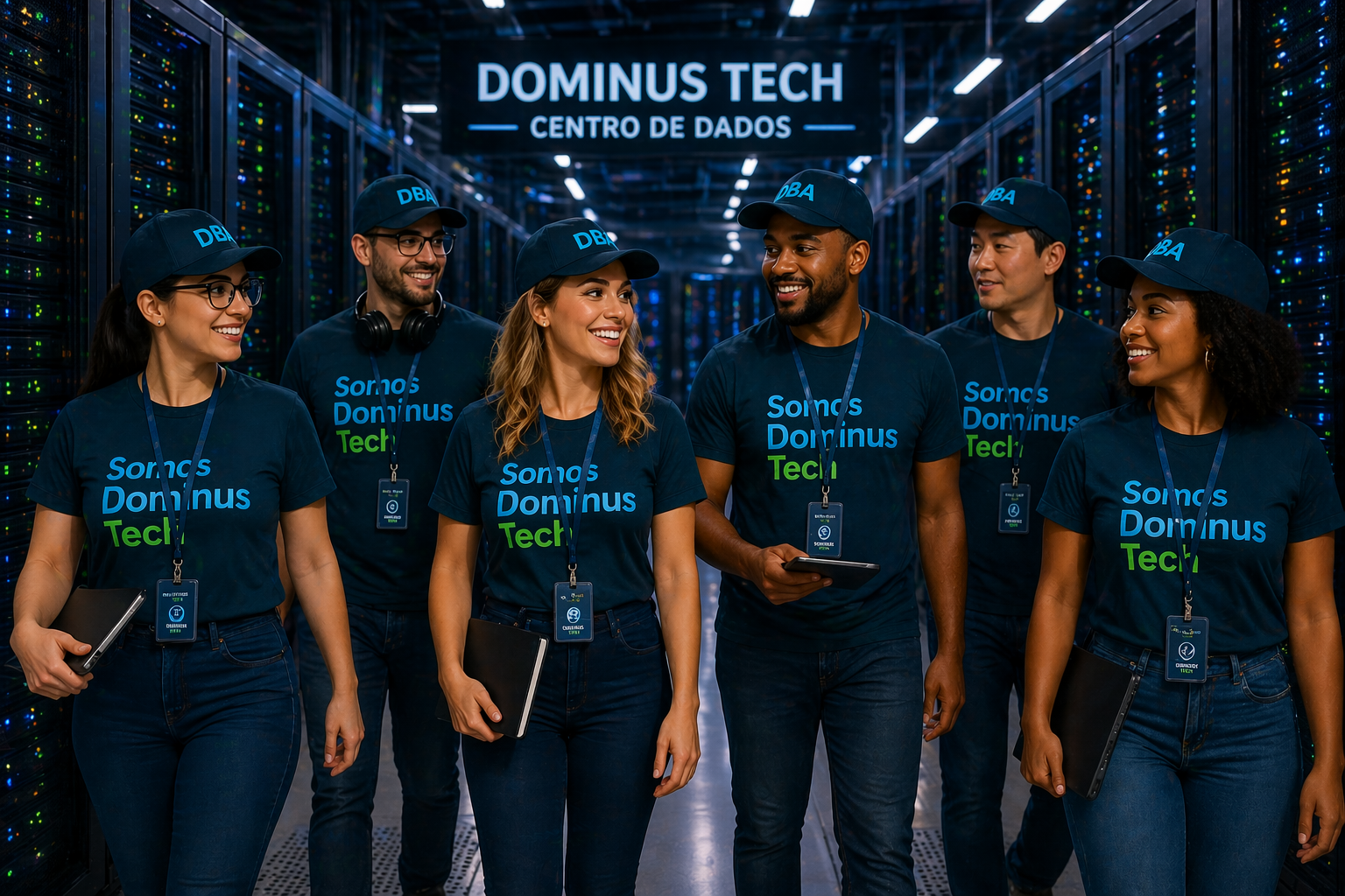 Equipe diversa de DBAs da Dominus Tech caminhando no datacenter com camisetas Somos Dominus Tech centralizadas e bonés DBA