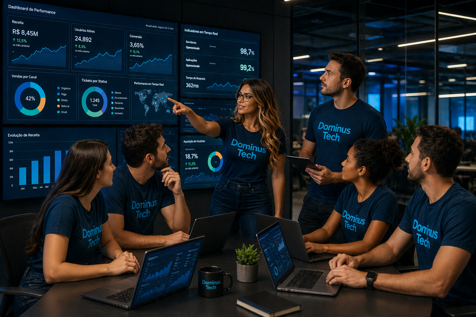 Equipe da Dominus Tech reunida em escritório moderno analisando dashboards com gráficos de performance em tempo real em grandes telas.