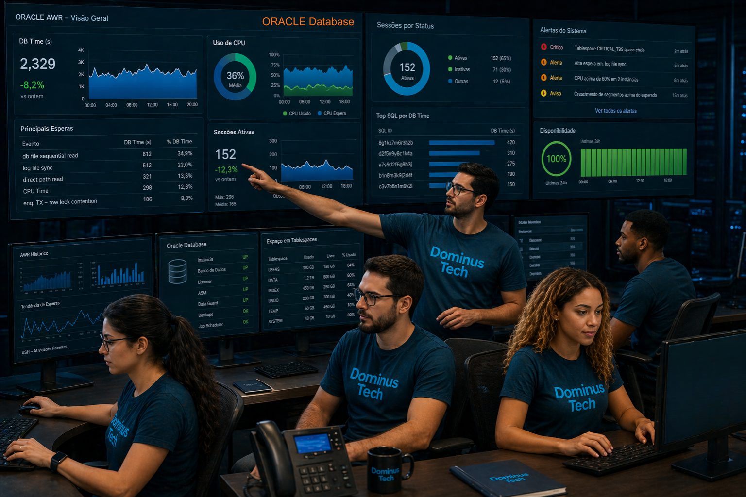 Equipe da Dominus Tech monitorando ambiente Oracle em sala de operações com múltiplas telas exibindo métricas de AWR, uso de CPU e sessões ativas