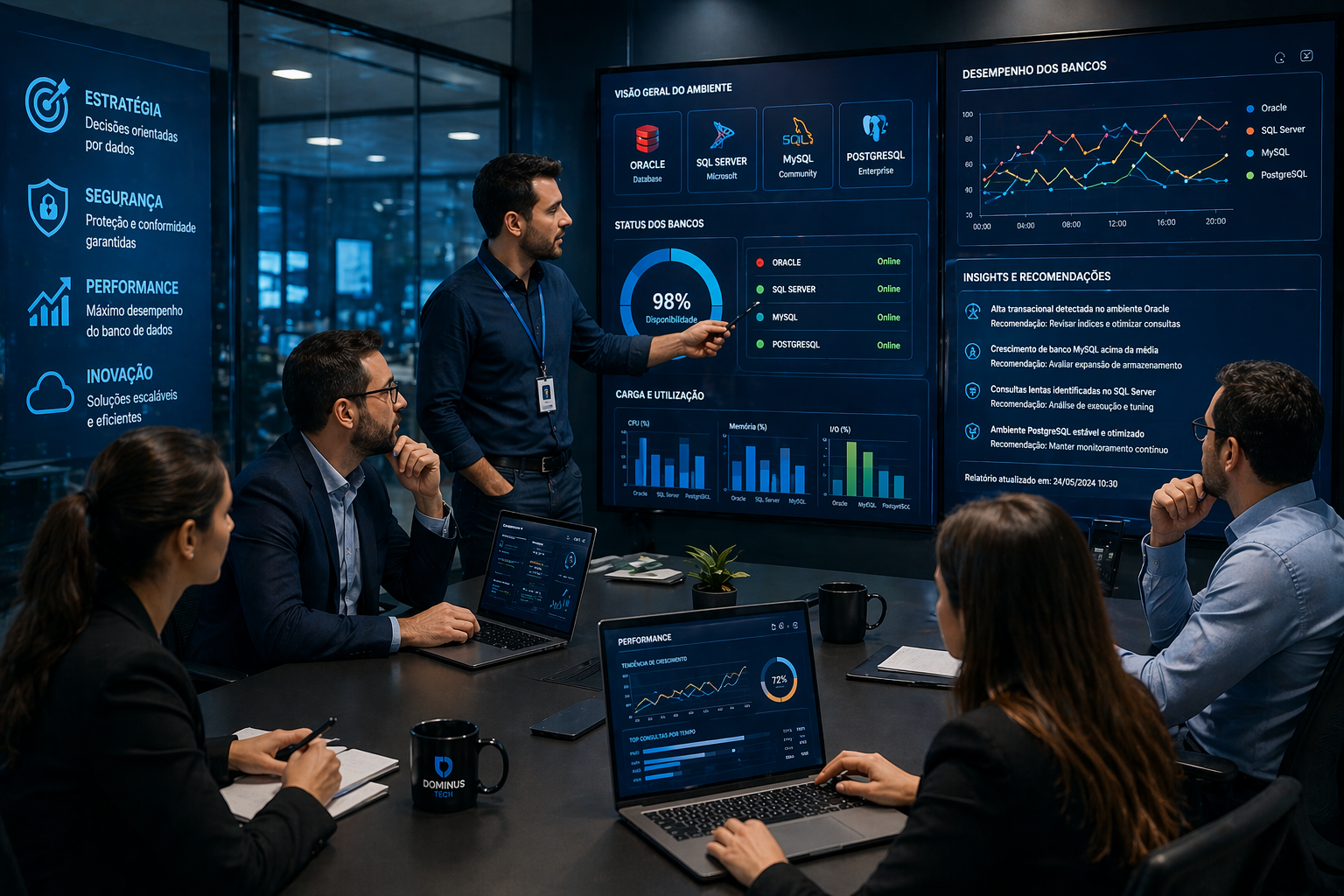 Equipe de tecnologia analisando dashboards de banco de dados em reunião estratégica corporativa