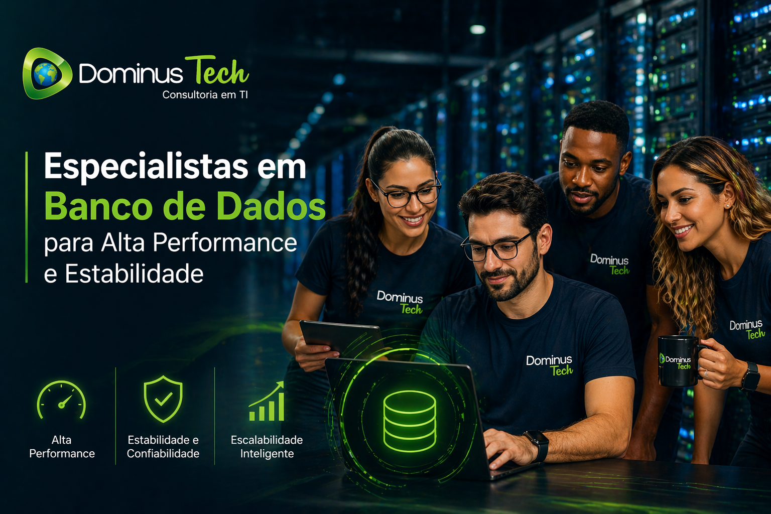 Equipe de especialistas em banco de dados da Dominus Tech trabalhando em ambiente de data center com foco em alta performance, estabilidade e escalabilidade inteligente