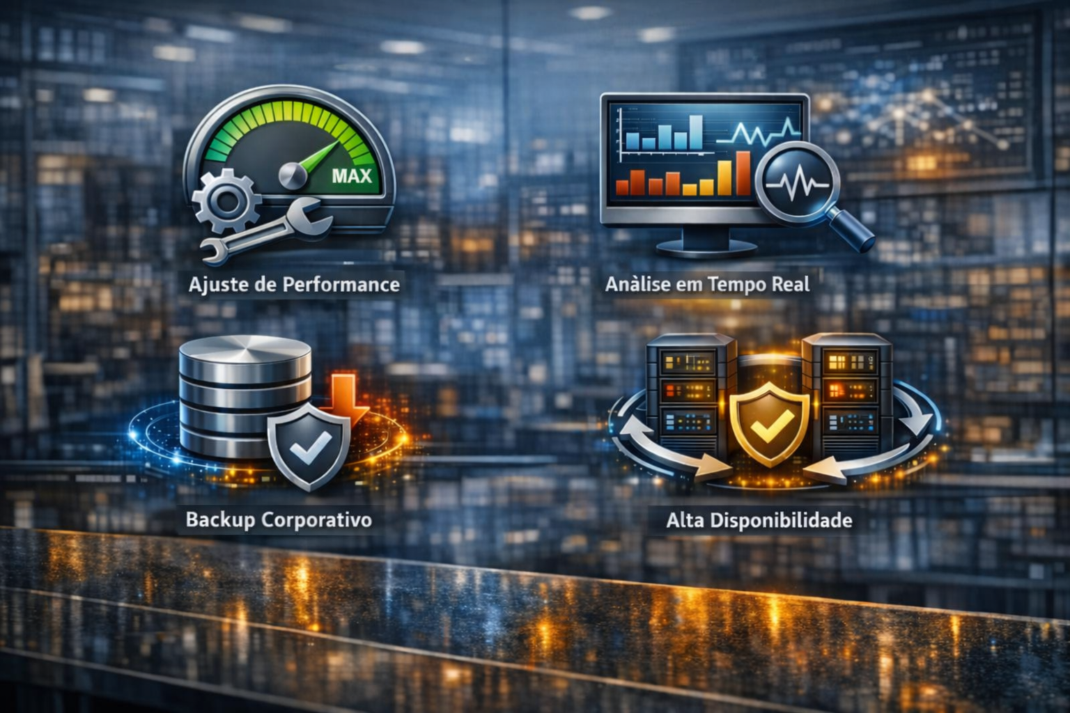Ícones tecnológicos representando ajuste de performance SAP HANA com ponteiro verde, análise de dados em tempo real, backup corporativo e alta disponibilidade.