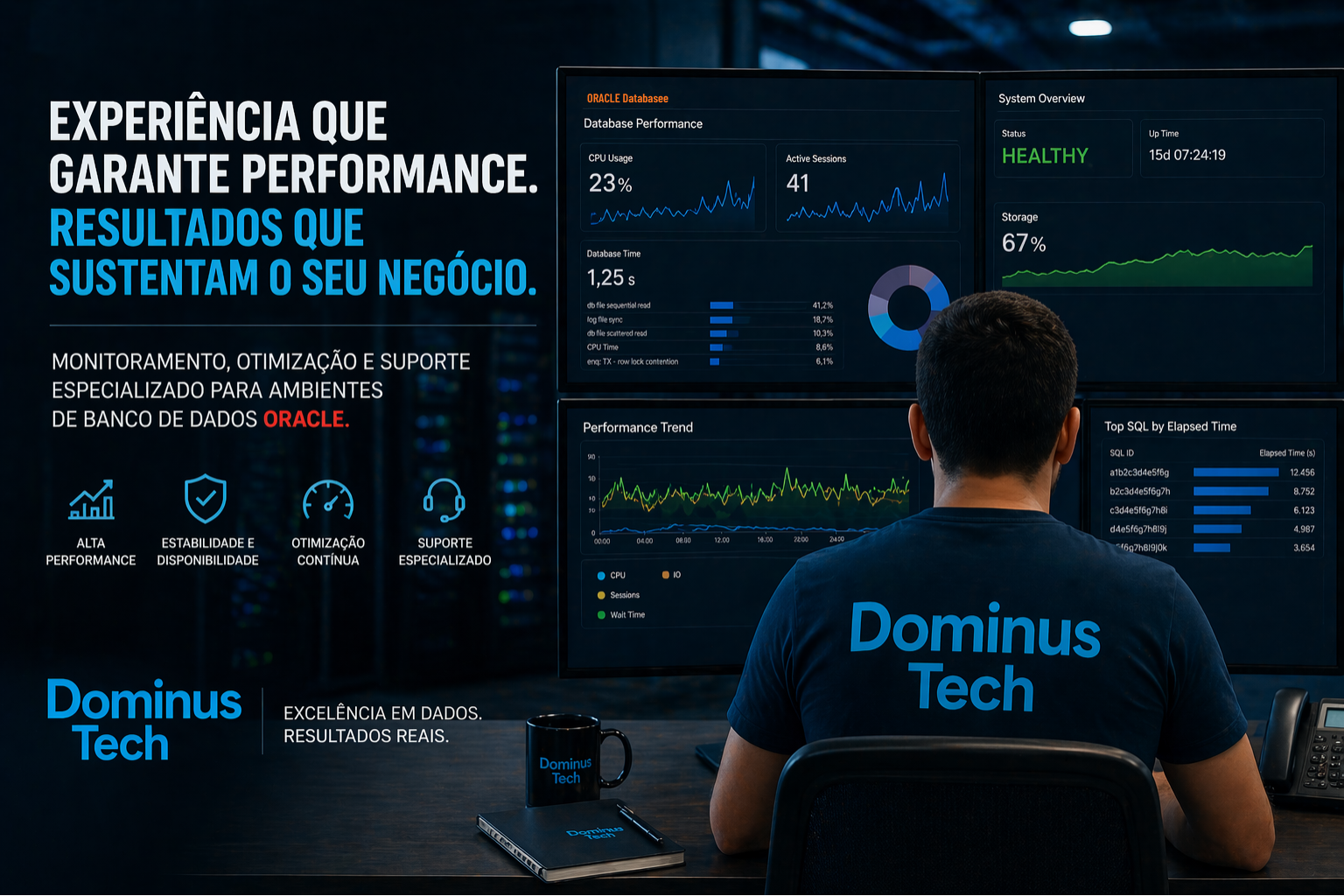 Profissional da Dominus Tech monitorando dashboards de banco de dados Oracle com indicadores de alta performance, estabilidade e ambiente saudável - serviços gerenciados DBA Oracle.