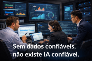 executivos analisando dashboards com inteligência artificial e dados confiáveis para tomada de decisões estratégicas
