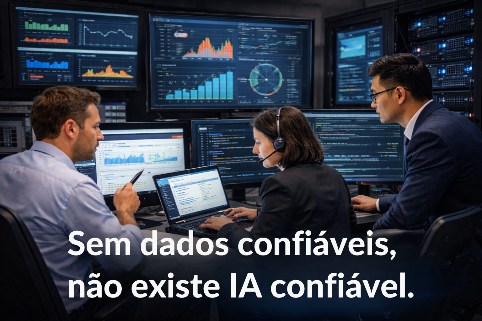 executivos analisando dashboards com inteligência artificial e dados confiáveis para tomada de decisões estratégicas