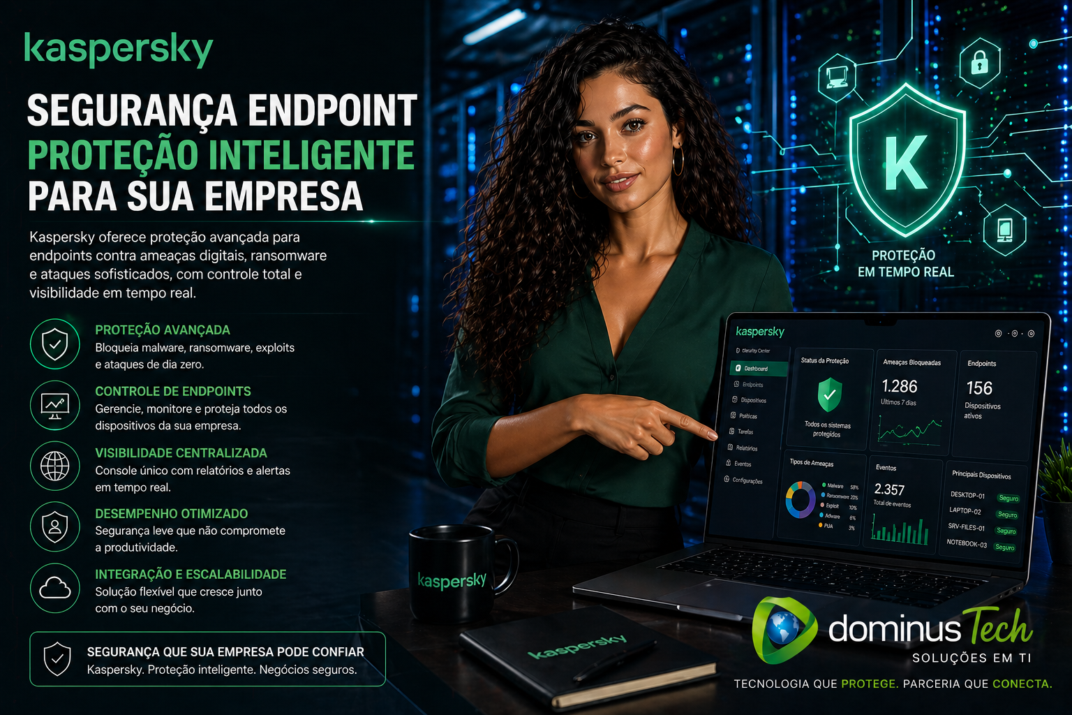 Kaspersky segurança endpoint com proteção contra ameaças digitais em ambiente de data center com dashboard de monitoramento Dominus Tech
