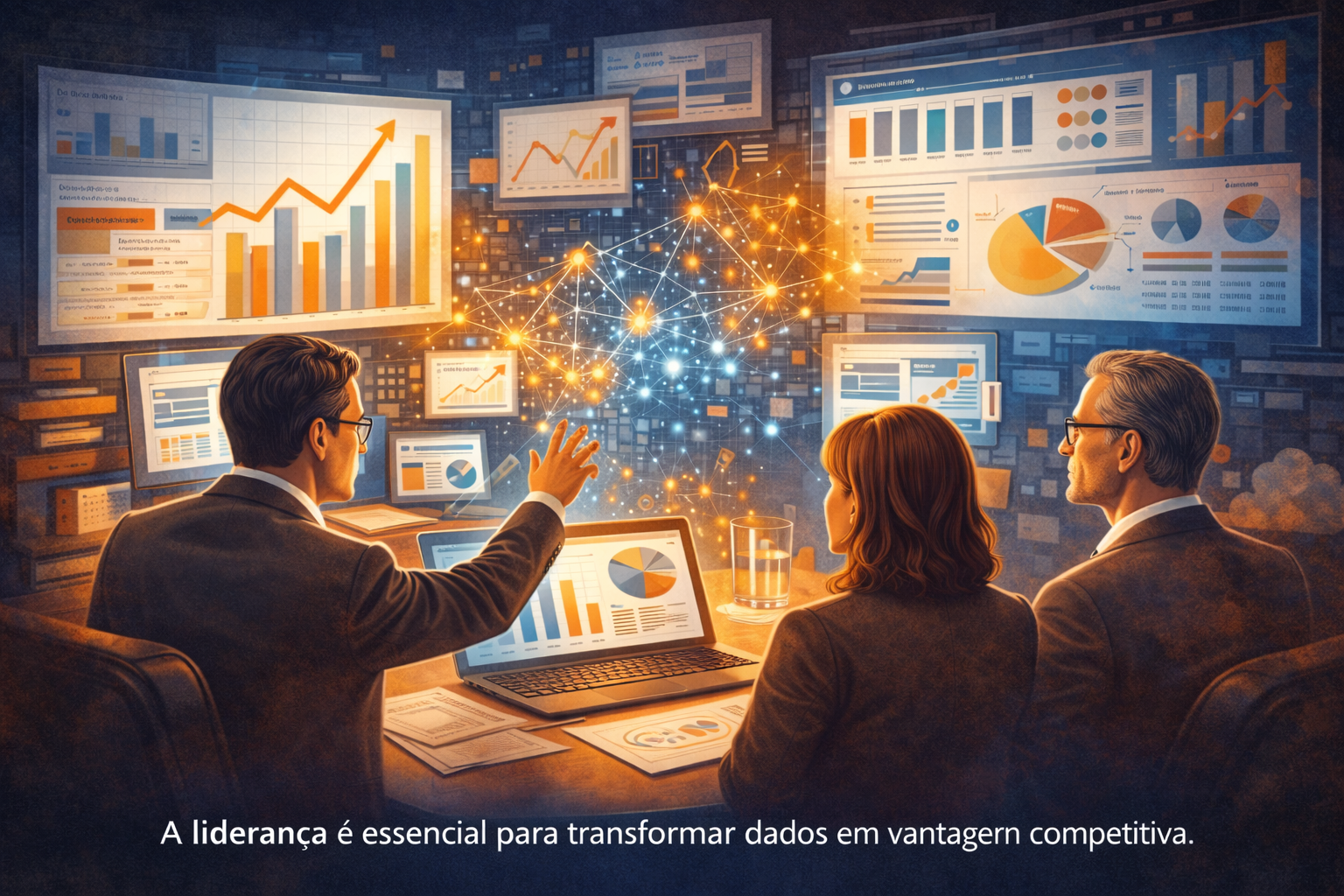 executivos utilizando dados confiáveis para decisões estratégicas