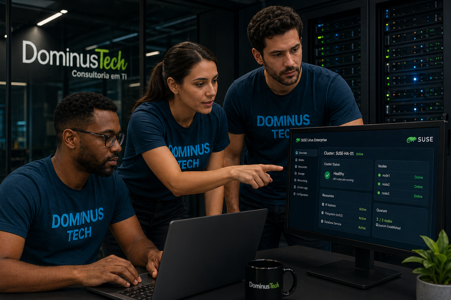 Especialistas da Dominus Tech configurando cluster de alta disponibilidade em SUSE Linux para banco de dados