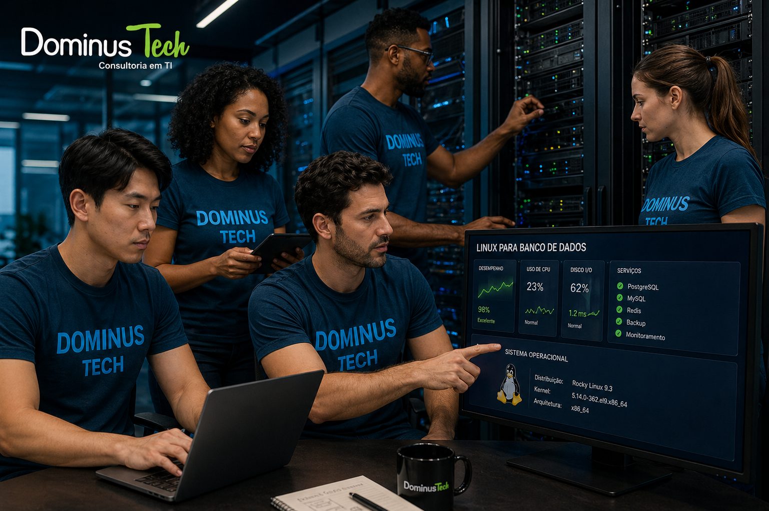 Equipe Dominus Tech analisando infraestrutura Linux para banco de dados em ambiente corporativo com servidores e métricas de performance