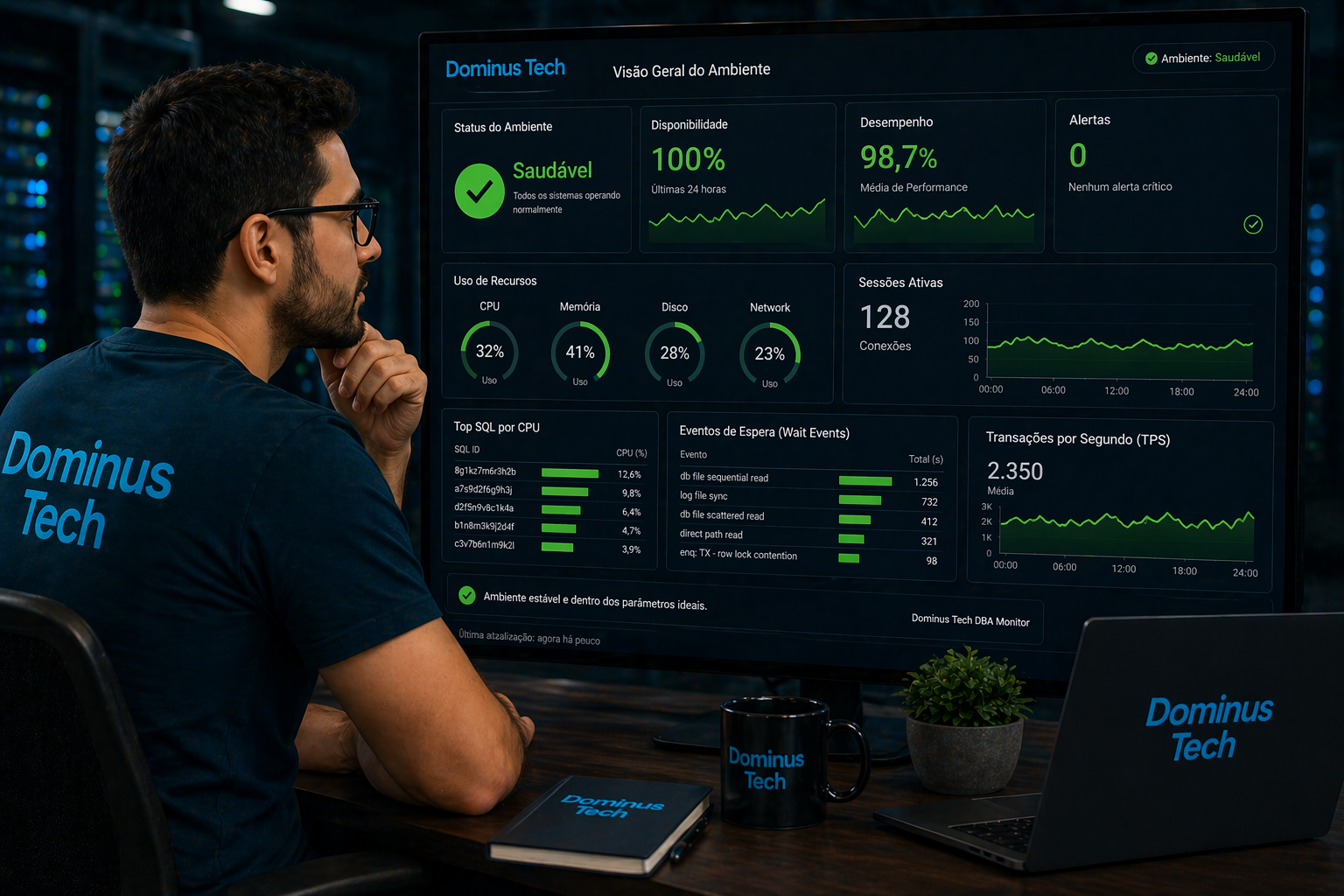 Profissional da Dominus Tech monitorando dashboard de banco de dados com indicadores positivos de performance, estabilidade e ambiente sob controle