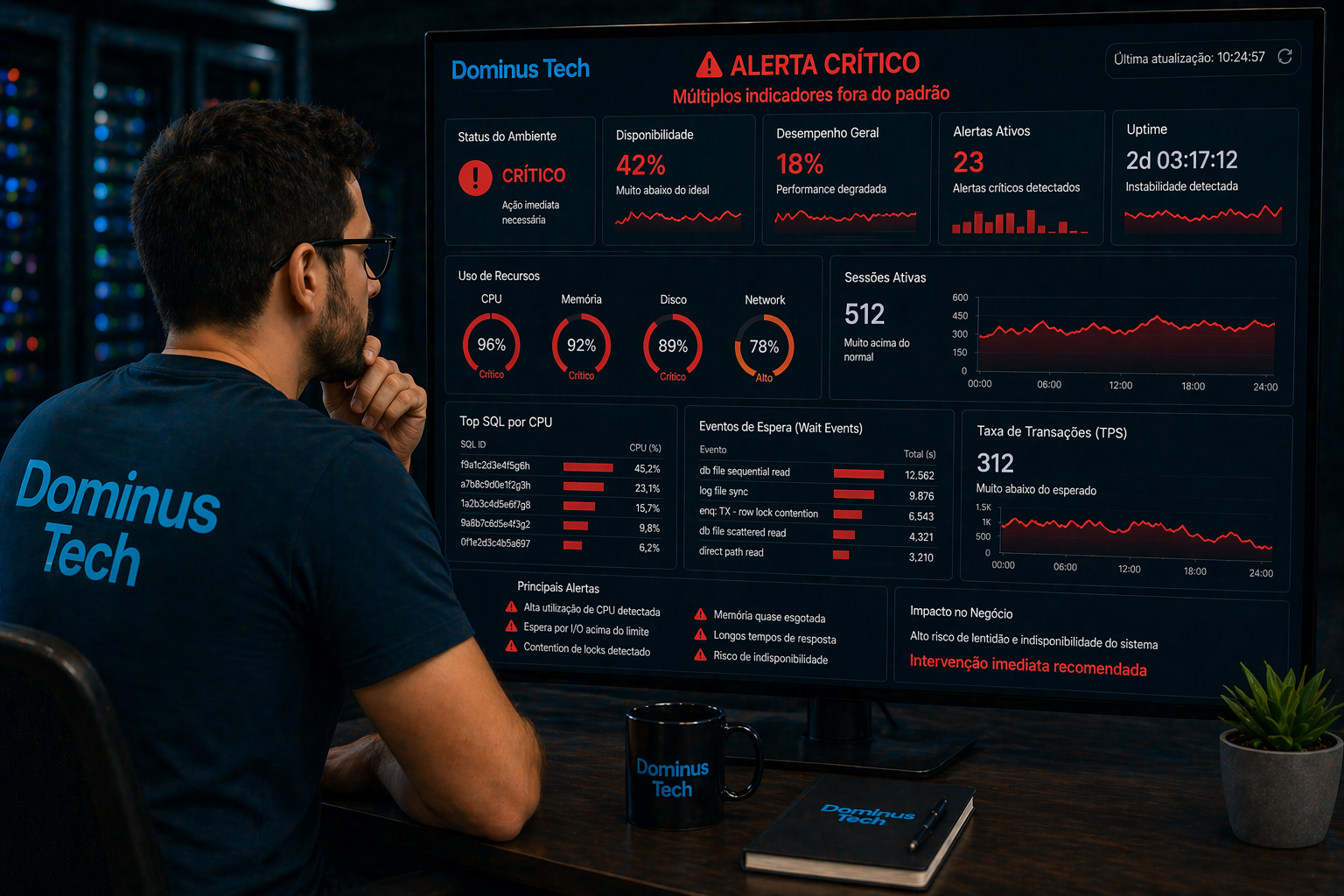 Profissional da Dominus Tech analisando painel com alertas críticos em vermelho no monitoramento de banco de dados com múltiplos indicadores fora do padrão